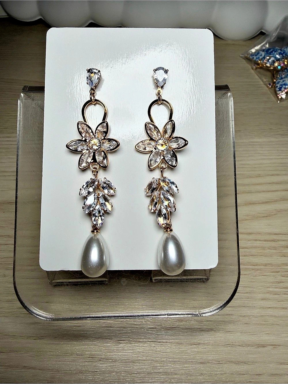 Crystal Floral Drop Earrings in Gold